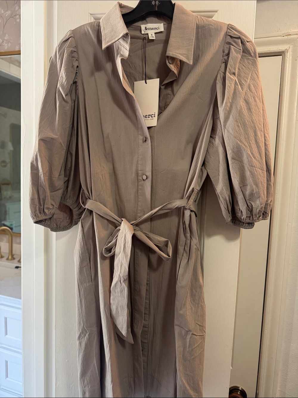 &merci Taupe Puff-Sleeve Mini Shirt Dress with Tie Waist